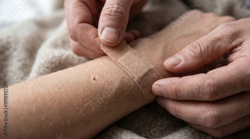 Close up of person applying adhesive bandage plaster to a small wound on a wrist for first aid and skin protection.