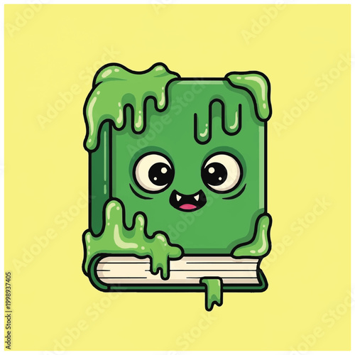 Cute green monster book covered in dripping slime illustration.