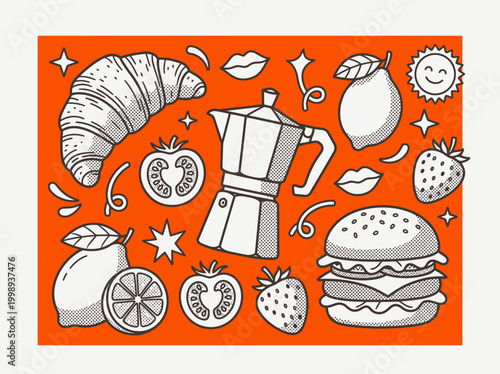 Retro Food and Kitchenware Icon Set Illustration with Moka Pot Burger and Croissant in Halftone Pop Art Style