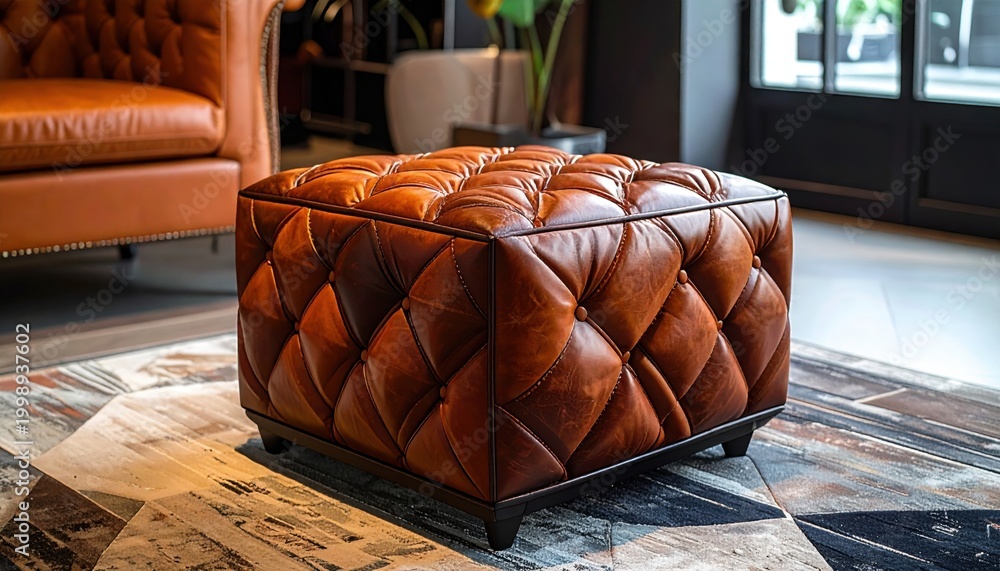 Fototapeta premium A rich brown leather tufted ottoman with a geometric diamond pattern on a wooden floor in a stylish interior