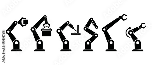 Robotic Arm Icons Set for Industrial Automation and Manufacturing Processes, featuring mechanical robotic grippers, welding tools and heavy machinery lifting tasks in black silhouette vector graphics.