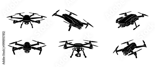 Drone Icon Set Collection, Quadcopter Silhouette Graphics in Different Angles for Technology and Aerial Photography UI Design, Minimalist Vector Illustration of Remote Control Flying Aircraft Machines