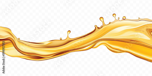 abstract smooth liquid cooking, engine, olive oil and honey splashing with droplets in curve style  isolated on transparent background	