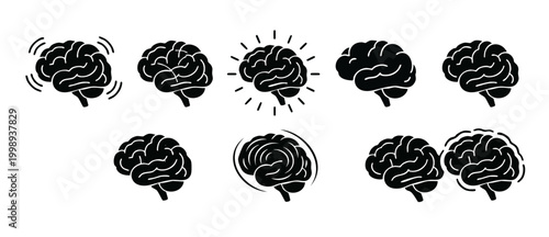 Human Brain Icon Set, Thinking Process Symbols, Mental Health and Cognitive Functions Collection, Neural Activity and Creative Idea Brainstorming Graphics for Medical Education and Psychology Projects