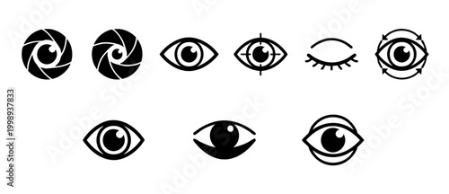 Eye Icon Set, Vision and Sight Symbols for UI Design, Minimalist Black Vector Graphics Showing Ophthalmology, Surveillance, Focus and Optical Concepts for Digital Interface and Web Applications