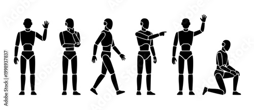 Robot character icon set, flat black silhouettes of android figures in various poses including walking, waving, pointing and thinking for technology and futuristic UI web design infographics element