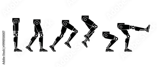 Robot Leg Walking Cycle Animation Sequence, Mechanical Prosthetic Limb Motion, Futuristic Cyborg Leg Movement, Industrial Automaton Robotics Progression Phases, Vector Icon Set Isolated On White Backg