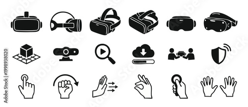 Virtual Reality Headset Icon Set for Gaming and Metaverse Technology Interface, VR Goggles Symbols and Gesture Controls for Interactive User Experience, Digital UI Vector Graphics for Software Applica