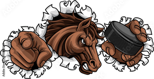 Photography Horse mustang bronco stallion ice hockey angry sports team mascot holding a puck