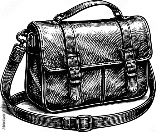 Isolated vintage leather messenger bag in a detailed black and white illustration. Features include buckles, a shoulder strap, and a classic design.