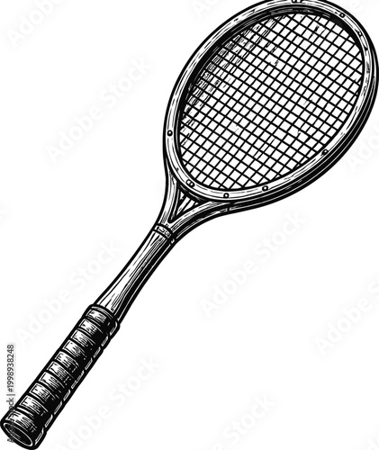 Isolated vintage tennis racket with stringed head and gripped handle, detailed line drawing on a plain background, sport equipment