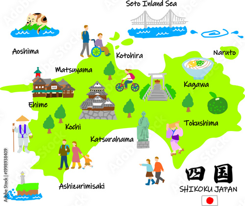 四国旅行、手描きの観光スポットと観光客フラットイラスト