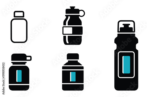 Group of water bottle icons featuring different container shapes and sizes for hydration athletic fitness gym activity drinking vessels equipment for daily life sports training