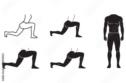Human lower body silhouette performing lunge exercises and leg workout variations showing muscular anatomy and proper posture isolated on transparent background for fitness guide
