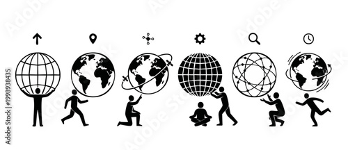 Global business strategy concept stick figures with earth globe icons, logistics management, worldwide networking, digital transformation, international communication and supply chain operations flat
