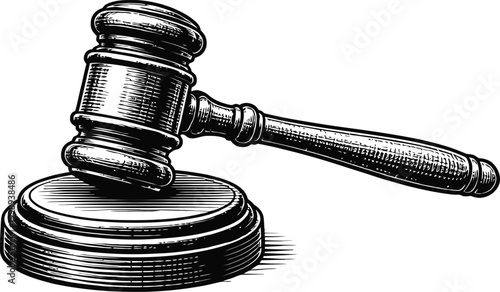 A vintage black and white illustration of a judge's gavel resting on its sounding block. This iconic symbol represents justice, law, and the auction process.