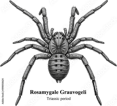Rosamygale grauvogeli extinct early mammal Triassic period illustration.