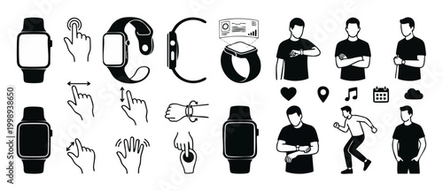 Smartwatch Icons and Man Using Wearable Tech Vector Set - Flat Black UI Graphic Elements for Interface Design, Fitness Tracker Symbols, Gesture Controls, and User Experience Concept for Modern Technol