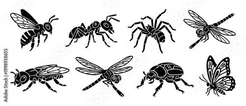 Insect Icons Set Black Silhouette Collection Featuring Bee Ant Spider Dragonfly Beetle and Butterfly Isolated Graphics for Vector Design Projects, Educational Materials and Wildlife Illustration Eleme