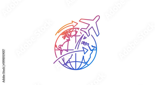 Airplane flying around globe with colorful travel routes, global transportation concept
