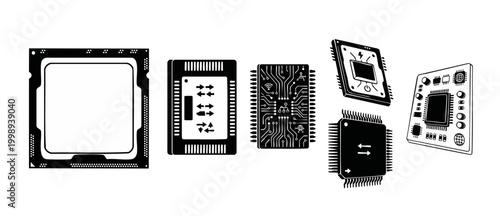 Computer Processor Chip Icons Set, Digital Microchip Hardware Components, CPU Circuit Board Symbols, Integrated Semiconductor Technology Graphics, Modern Electronic Engineering Symbols for Tech Design
