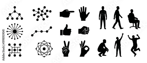 Human Silhouettes and Network Diagrams Icon Set, Business People Gestures and Connection Schemes, Vector Graphic Collection for Infographic Design, Web Interface Symbols and Abstract Data Structures