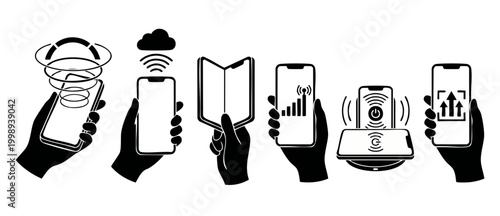 Obraz na płótnie Smartphone Technology Icons Set Holding Hand Device Features and Wireless Connec