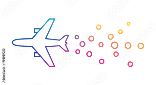 Airplane flying with colorful rainbow trail and bubbles, travel concept