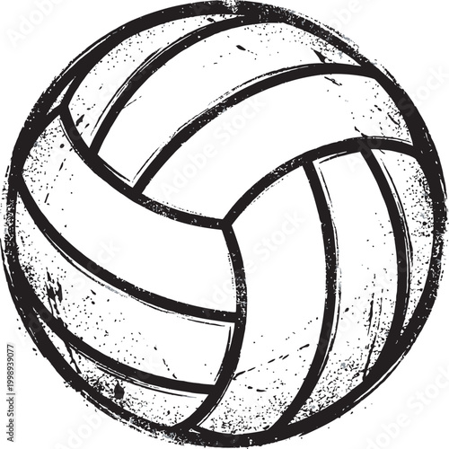 Grungy black and white flat vector illustration of a volleyball. Featuring a weathered, distressed texture and classic panel design, this graphic is perfect for vintage sports logos and team branding.