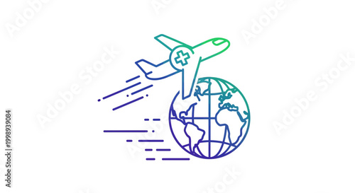 Airplane with medical cross flying over globe, representing medical travel and global healthcare.