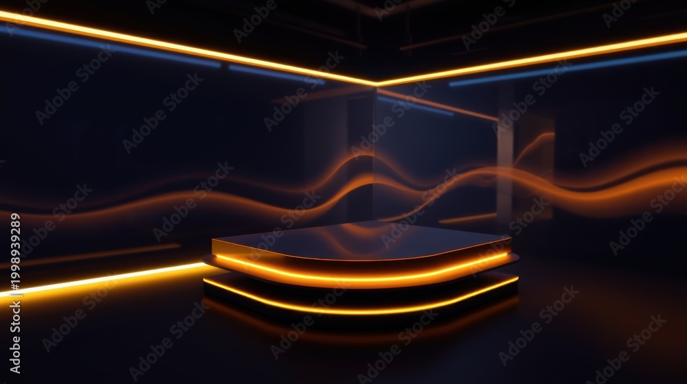 Fototapeta premium Dark room features glowing neon layers, pedestal. Dramatic lighting creates futuristic ambiance, perfect display space.