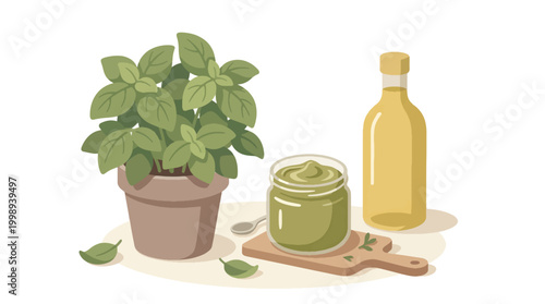 Modern Flat Illustration of Fresh Basil Plant in Pot with Pesto Jar and Olive Oil - Healthy Mediterranean Cooking Concept