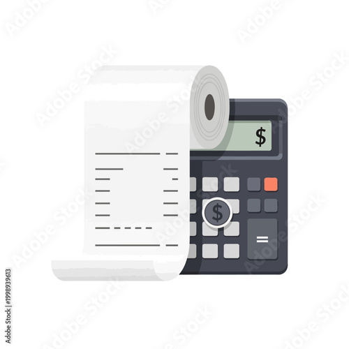 Calculator with receipt roll and dollar sign.