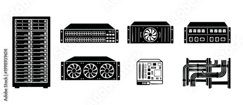 Server Rack and Network Hardware Equipment Icon Set - Data Center Infrastructure Components for IT Systems, Cloud Computing Storage, and Telecommunications Technology Connectivity Solutions Design.