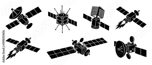 Space Satellite Icons Set Black Silhouette Collection for Aerospace Technology and Communication Systems Communication Research Equipment Design Elements for Web Graphics and Scientific Exploration Pr