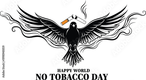 A majestic black silhouette of a bird with widespread wings, holding two broken cigarettes in its beak, against a backdrop of swirling smoke-like patterns, proclaiming 'Happy World No Tobacco Day'.