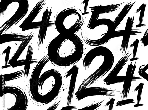 Abstract Hand-Drawn Calligraphy Numbers in Black Ink Brush Style on White Background