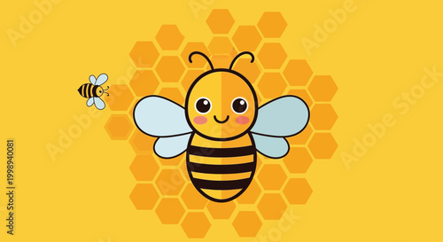 An adorable cartoon bee with a cheerful expression stands prominently against a vibrant yellow honeycomb pattern background, accompanied by a smaller flying bee.