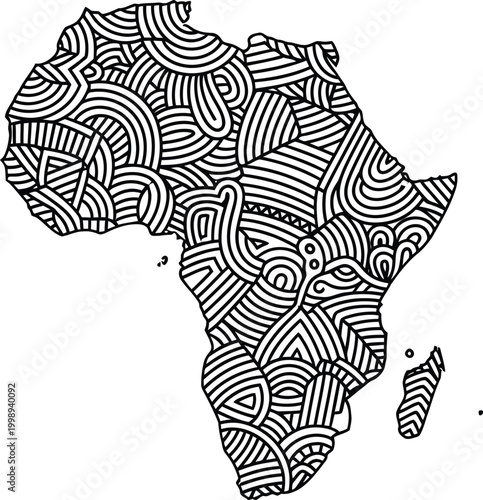 An artistic black and white outline of the African continent is filled with intricate, abstract swirling patterns on a light blue background.