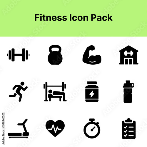 Fitness Icon Set Containing dumbbell kettlebell workout running gym heart rate timer and fitness training icons Solid icon collection