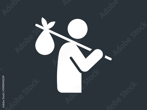 Homeless Wanderer Pictogram Icon - Person with Bindle Sack on Stick - Displacement, Poverty, and Migration Concept Vector Style Illustration