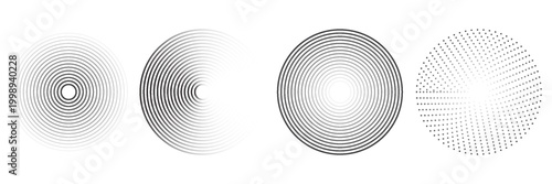 Black concentric circle set. Sonar or sound wave ring collection. Dotted and linear epicentre, target, radar icon concept. Ripple radial signal or vibration elements. Vector line and halftone symbols