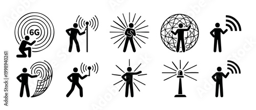 6G Technology Network Connection Icons, Wireless Communication and Digital Connectivity Set. Human pictograms interacting with signal waves, global data transmission systems, and telecommunication inf