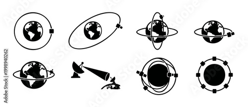 Satellite Orbit Earth Icons Set, Global Communication Network Symbols, Space Technology Vector Graphics, Connectivity and Telecommunications Sign Collection, Orbital Path Illustration for Science and