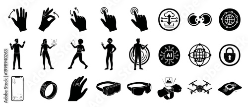 Technology Icons Set: Gesture Control, Virtual Reality, AI and Digital Connectivity Symbols for UI UX Design, Modern Future Interface Elements, Web Development Graphics, Smart Device Vector Illustrati