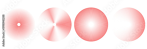 Red concentric ripple circles set. Sonar or sound wave rings collection. Epicentre, target, radar icon concept. Radial signal or vibration elements. Halftone vector illustration