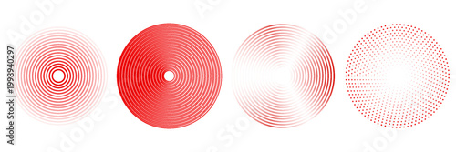 Red concentric ripple circles set. Sonar or sound wave rings collection. Epicentre, target, radar icon concept. Radial signal or vibration elements. Halftone vector illustration
