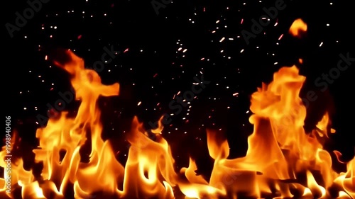 Rising Flames Along Lower Edge with Embers on Black Background