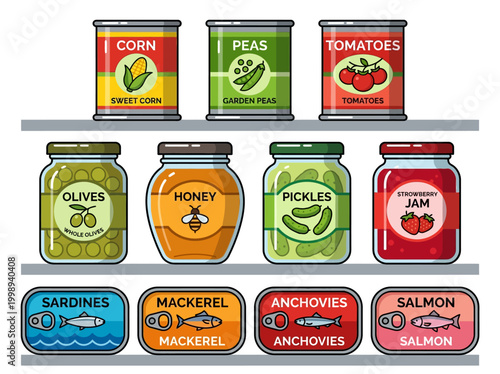 Vector Illustration of Pantry Shelves with Assorted Canned Food and Glass Jars, Including Preserved Vegetables, Honey, Jam, and Canned Fish for Grocery and Kitchen Storage Concepts