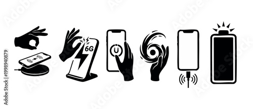 Smartphone Wireless Charging Icons Set, Mobile Phone Power Technology Symbols, Fast Charge Concept, Battery Status, Magnetic Connection and 6G Connectivity Graphics for UI UX Design Projects Isolated